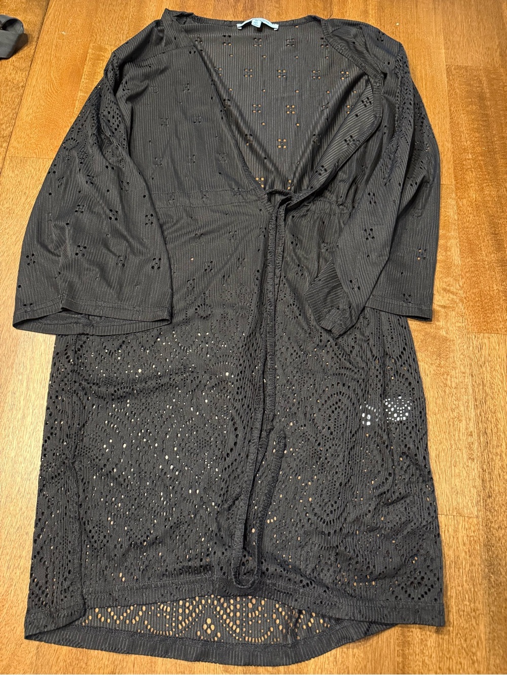 Black Crochet Kimono Cover-Up with Tie-Front